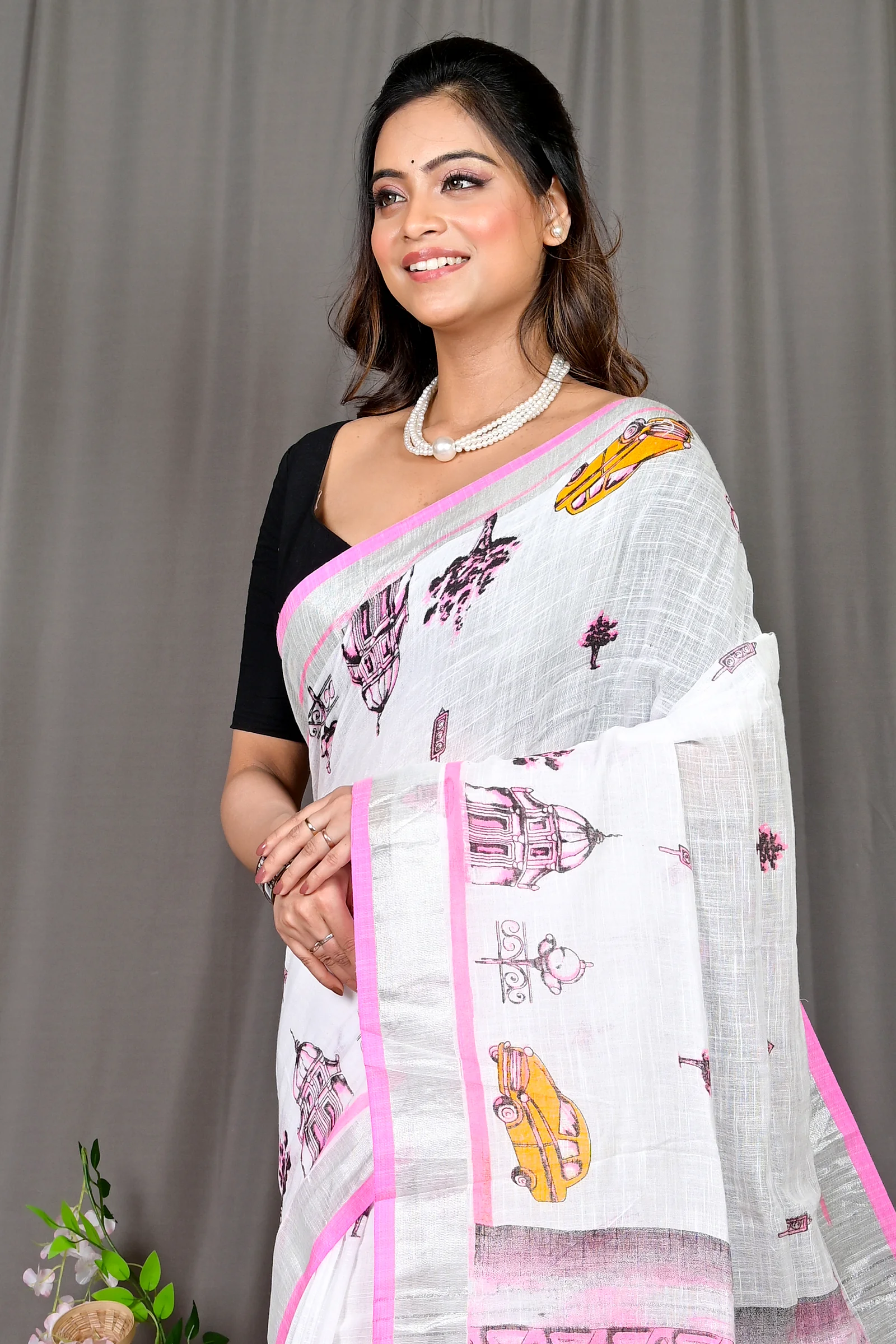 White Pink Pure Cotton Soher Printed Handloom Saree (608)